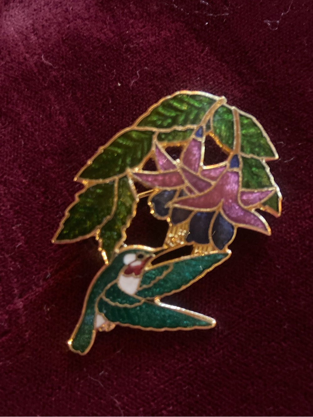 Gold-Tone Enamel Hummingbird Brooch with Green Leaves and Purple Flower